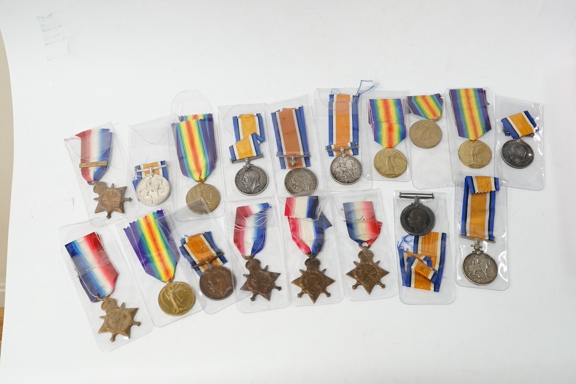 A collection of eighteen First World War medals including; eight British War Medals, five Victory Medals, four 1914-15 Stars, and one 1914 Star with clasp for 5th Aug - 22nd Nov. 1914, all named. Condition - poor to good